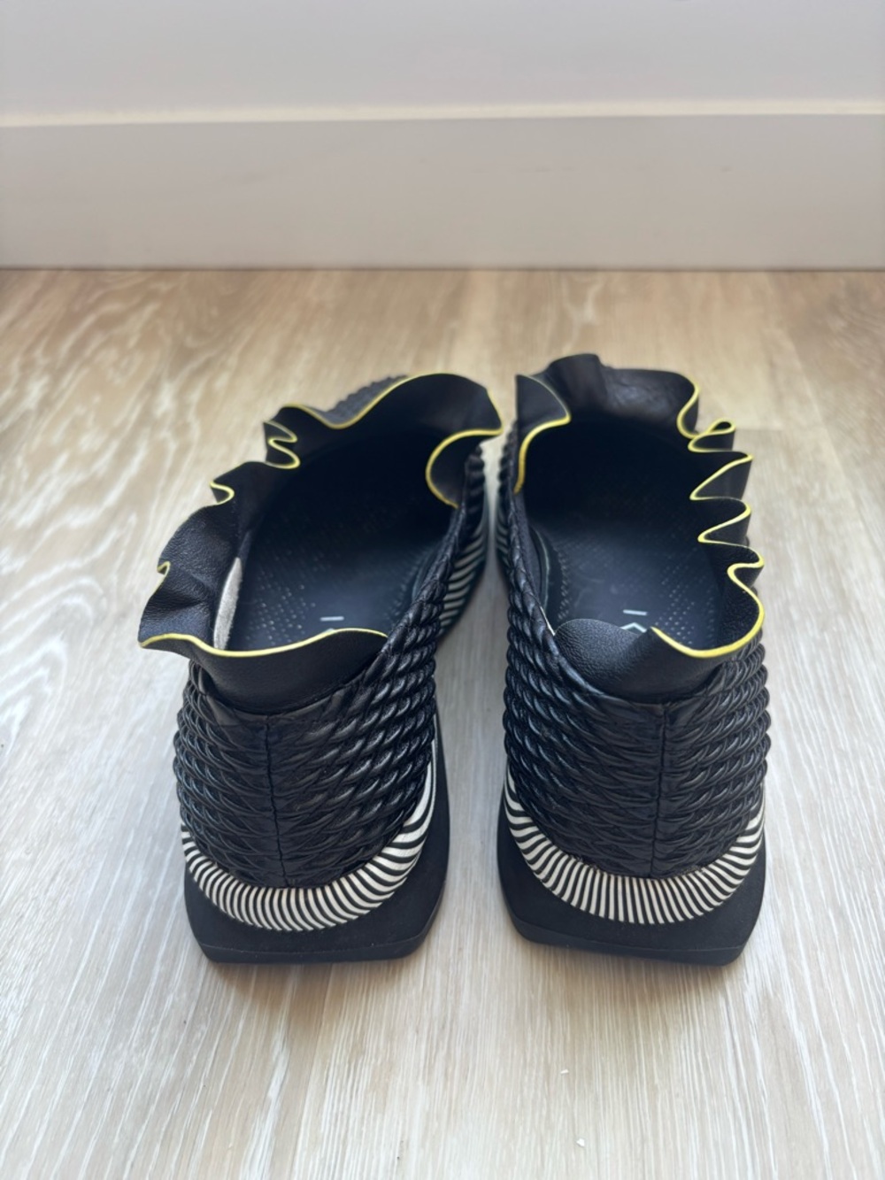 Fendi Ruffle Trim Nappa Leather Slip-On Sneakers - Black with Yellow Piping - Picture 8 of 10